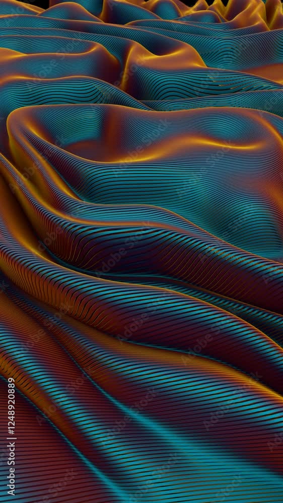 Poster Abstract 3D waves with smooth flowing lines in blue and orange tones, creating a futuristic digital landscape.







