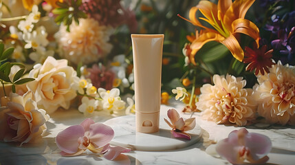 Elegant Cream Tube Mockup Amidst Vibrant Floral Arrangements for Cosmetology