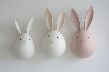 Obraz premium Three whimsical Easter eggs featuring white and pink designs with ears and eyes, resting on a clean, white surface, perfect for festive decorations.