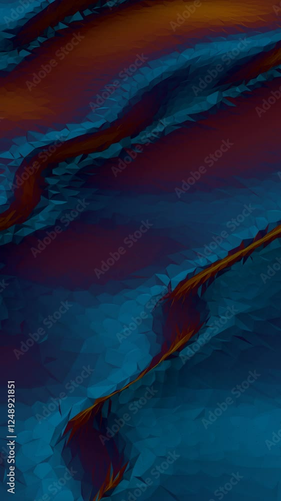 Poster abstract 3d low-poly surface with blue gradients and orange accents, creating a futuristic digital t