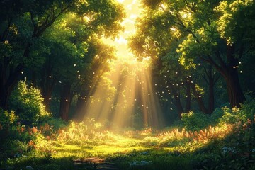 sunbeams filtering through a lush forest canopy in a colorful 2d cartoon style casting a warm glow on the serene woodland scene inviting viewers into a magical animated landscape