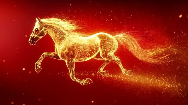 Chinese New Year 2026. Year of the Horse Celebration. Elegant greeting design for Chinese New Year 2026, featuring a gold horse, firework patterns. Seamless Loop.