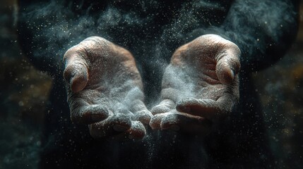 Dramatic Close up of Bodybuilder s Hands Chalking Up Before Heavy Deadlift Powder Particles Floating in Air