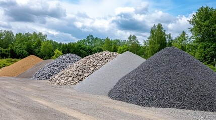 The image shows several large piles of different types of gravel and sand, bordered by trees under a partly cloudy sky.