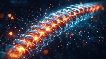 Abstract representation of a spine with glowing energy, network connections in background.  Possible use scientific, medical, or tech presentation