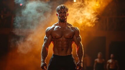 Bodybuilder Flexing Muscles on Stage Under Spotlights With Cheering Audience