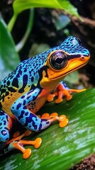 Fototapeta premium Vibrant Tropical Frog Perched on Rainforest Leaf, Close-Up of Colorful Amphibian in Jungle, Exotic Wildlife Photography, 