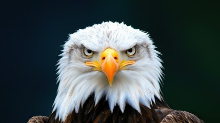 Fototapeta premium Close-up of a bald eagle face with piercing eyes against a blue sky
