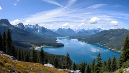 panorama on mountain lake, pop art. with white shades