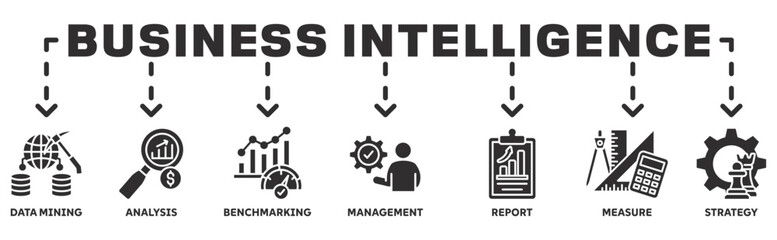 Business Intelligence banner web icon vector illustration concept with icon of data mining, analysis, Strategy, measurement, benchmarking, report and management