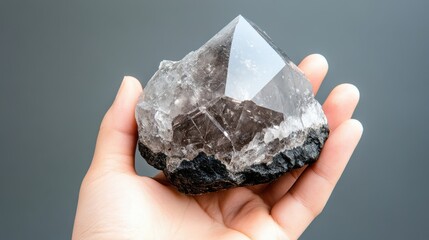 A hand holds a large, faceted crystal with a clear upper section and dark base, showcasing its natural beauty and intricate structure against a gray background.