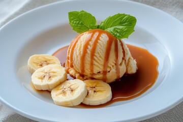 A delectable scoop of vanilla ice cream topped with caramel sauce, banana slices, and a fresh mint leaf on a white plate.