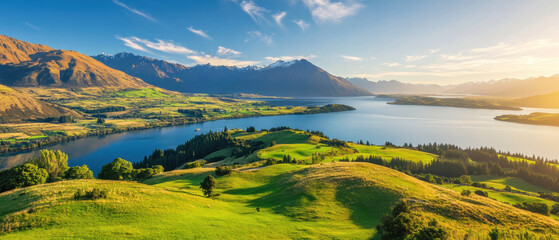 Breathtaking landscape of rolling green hills, serene lake, and majestic mountains under clear blue sky, showcasing beauty of nature in New Zealand