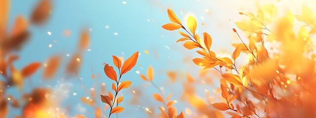 Golden Leaves Dancing in the Sunlight A Whisper of Autumn's Magic Against a Sky of Soft Blues