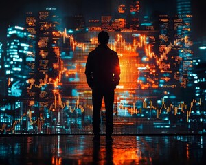 Ambitious Fintech Entrepreneur Stands Confidently in Vibrant Digital Trading Landscape