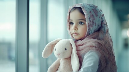 A brave little girl with cancer, wearing a headscarf, holding a stuffed toy, standing near a large window in the hospital corridor, taking a peaceful break from her treatment and looking out with hope