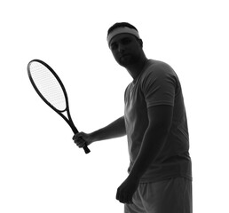 Silhouette of sporty young man with racket on white background