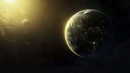 Naklejka premium Glowing Earth with abstract network connections, symbolizing global connectivity and unity in a vast universe.