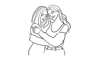 Two girls hugging, continuous line drawing. Support, empathy, friendship. Vector illustration isolated on white background
