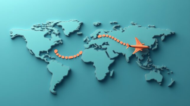 Fototapeta Airplane flying over world map with dotted path on blue background