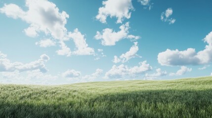 Obraz premium Rolling expanse of green grass field beneath a bright, cloudy sky