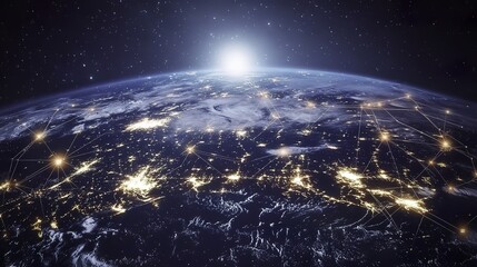 Glowing Earth with abstract network connections, symbolizing global connectivity and unity in a vast universe.