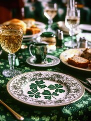 Fototapeta premium St. Patrick's Day dinner setting with shamrock patterned plates, green tablecloth, golden beer glasses and traditional Irish foods such as potatoes and bread.
