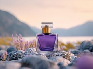 Product photography: a perfume bottle atop rocks, with a soft, sky-like background, shallow depth of field, and a palette of purple and pink tones. 