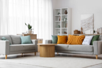 Interior of living room with 3D painting, sofas and table