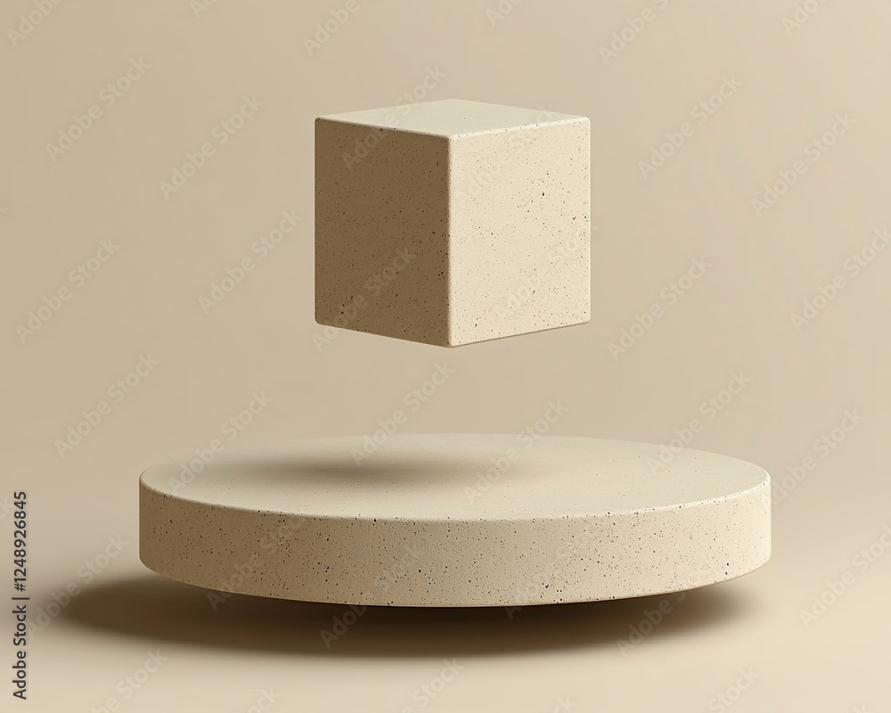 Poster Beige cube floating on a circular pedestal.  A minimalist display