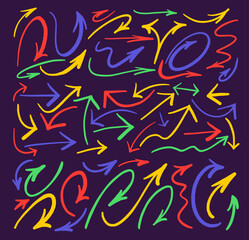 Set of simple lines hand drawn colored arrows in various style. Grunge simple of hand drawn black arrows. Thin lines hand drawn yellow, red, green, blue arrows. Various of simple lines arrows