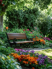 A tranquil park bench overlooking a colorful flower garden with vivid spring blooms.