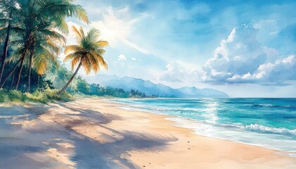 Tropical beach scene with palm trees shore summer vacation paradise ocean water sand sky