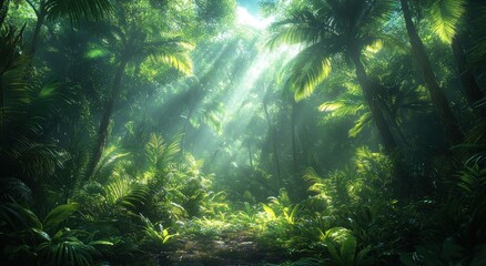 Tropical Forest Scene with Lush Green Trees and Sunlight Filtering Through Foliage