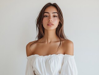 Fototapeta premium Portrait of a young woman with beautiful brown hair and fair skin in a white top