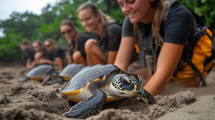 Sea turtles are being released onto the sandy beach by a team of conservationists while team members smile and support the process amidst lush greenery in the background