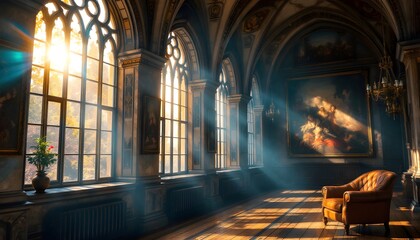 Elegant Historic Gallery Room with Large Windows and Antique Paintings