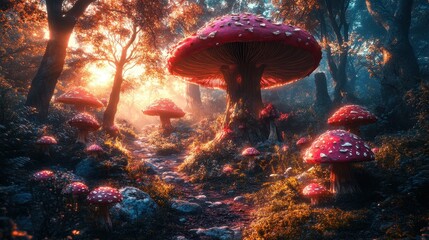 Naklejka premium Enchanting sunset path through giant mushroom forest