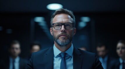 serious businessman with team in background