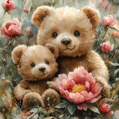 Cute Teddy Bears with Pink Peonies Watercolor Illustration for Baby Shower and Birthday Celebration