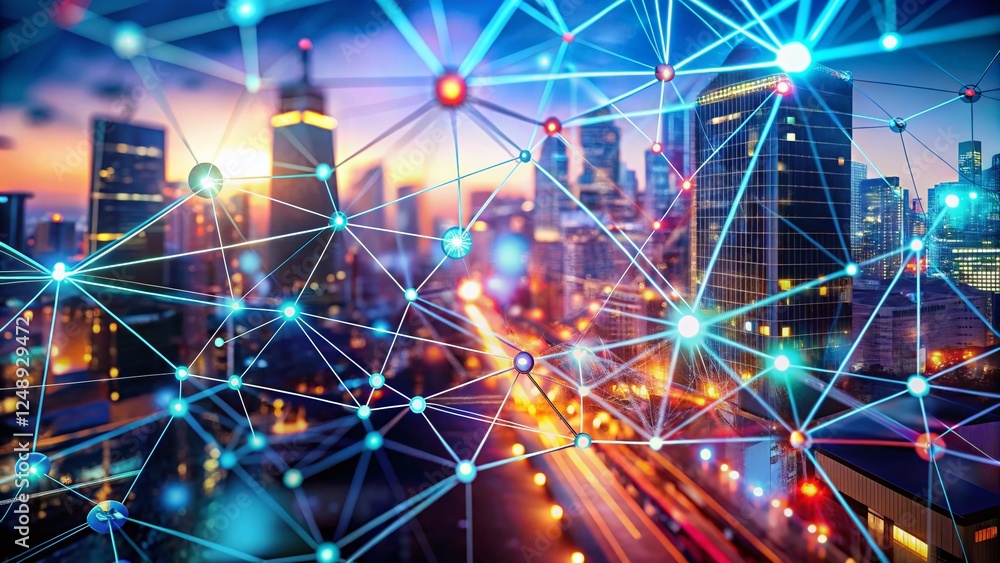 Poster abstract blockchain network: selective focus plexus background, urban exploration theme, 4k resoluti