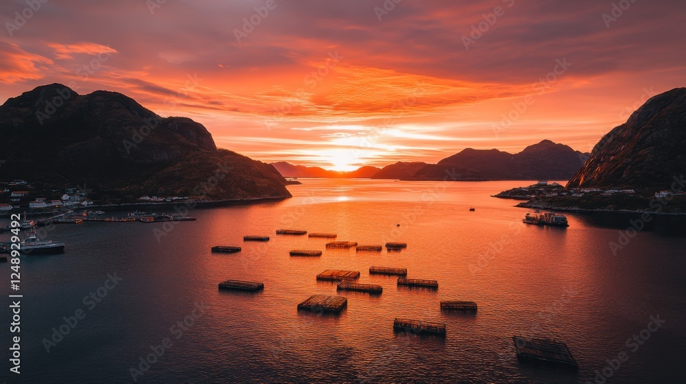 Poster serene sunset over tranquil waters with floating structures and mountains in the background