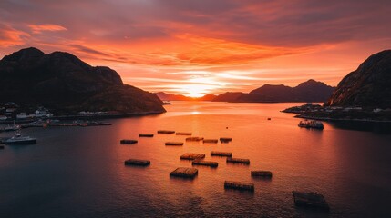 Serene sunset over tranquil waters with floating structures and mountains in the background