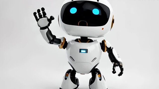 High-tech compact robot with sleek glossy design on white background waving with hand. GPT Mascot greeting. Futuristic technology