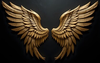 Fototapeta premium Golden Angel Wings on Black Background - Luxurious, Elegant, and Divine Feathered Art 