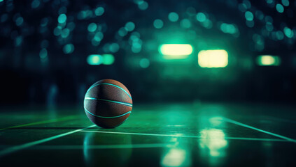 basketball rests on court, illuminated by soft green lights, creating serene atmosphere. focus on ball highlights its texture and details, evoking sense of anticipation