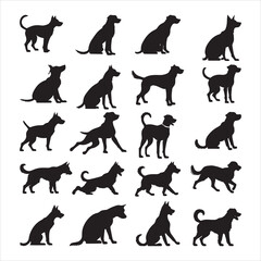 Fototapeta premium Array of Black Dog Silhouettes Showcasing Various Poses on White Grid Background