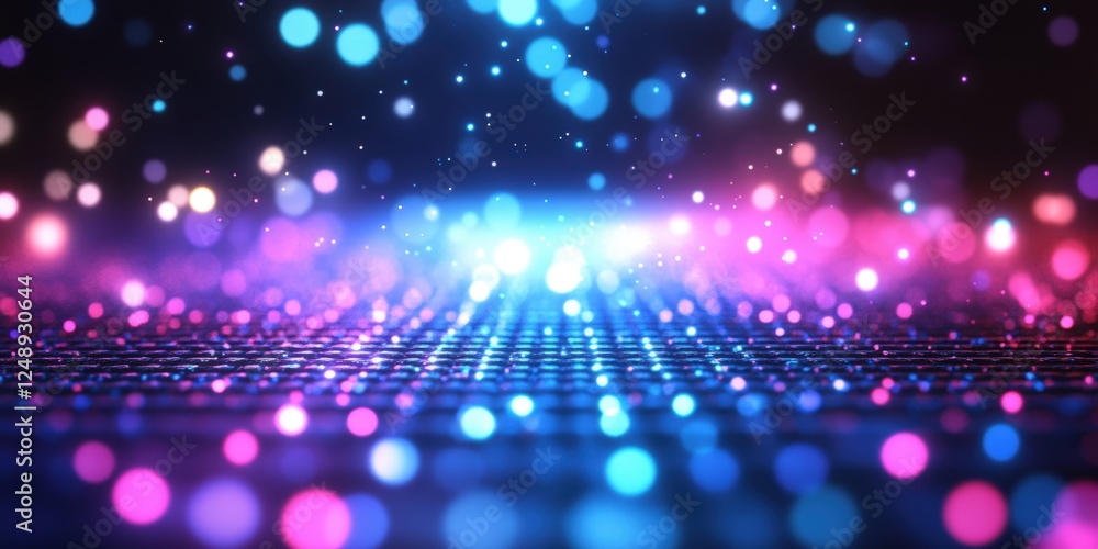 Poster glowing blue and purple 80s style grid background with vibrant bokeh effect and soft light for retro