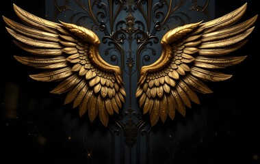 Golden Angel Wings on Black Background - Luxurious, Elegant, and Divine Feathered Art 