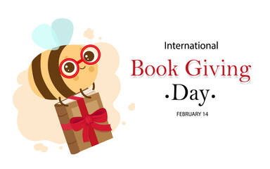 International book giving day card or banner design. Cute cartoon bee with book